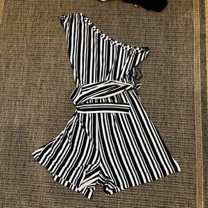 New York & Company Blue and White Jumpsuit with Asymmetrical Neckline